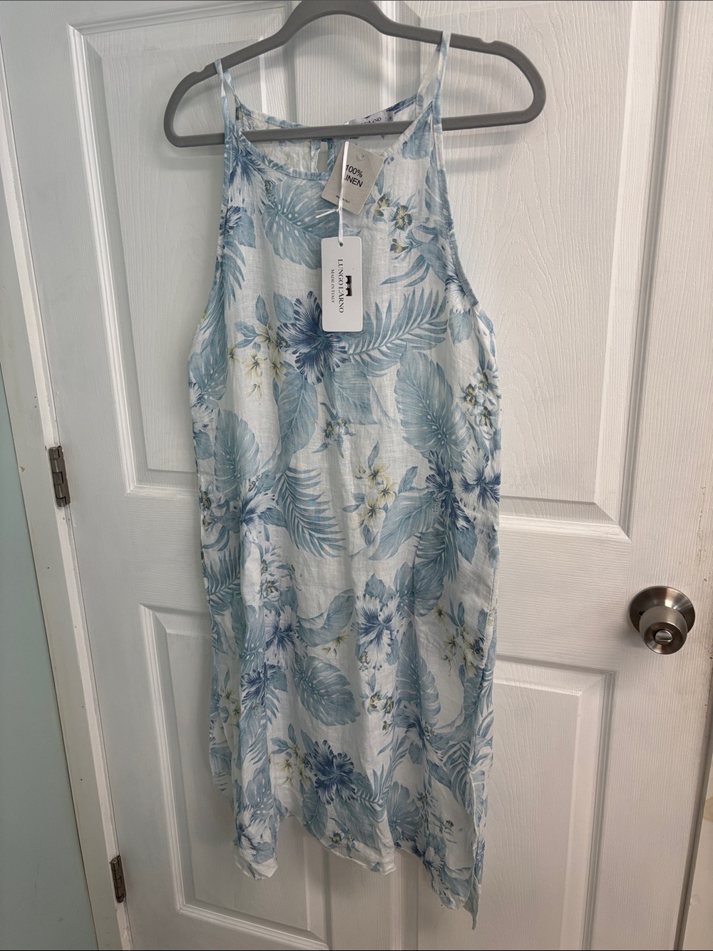 Light Blue Tropical Print Halter Sundress